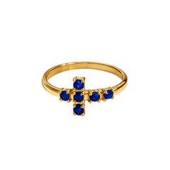 Anillo cruz piedras azules plata de ley y baño de oro 18K