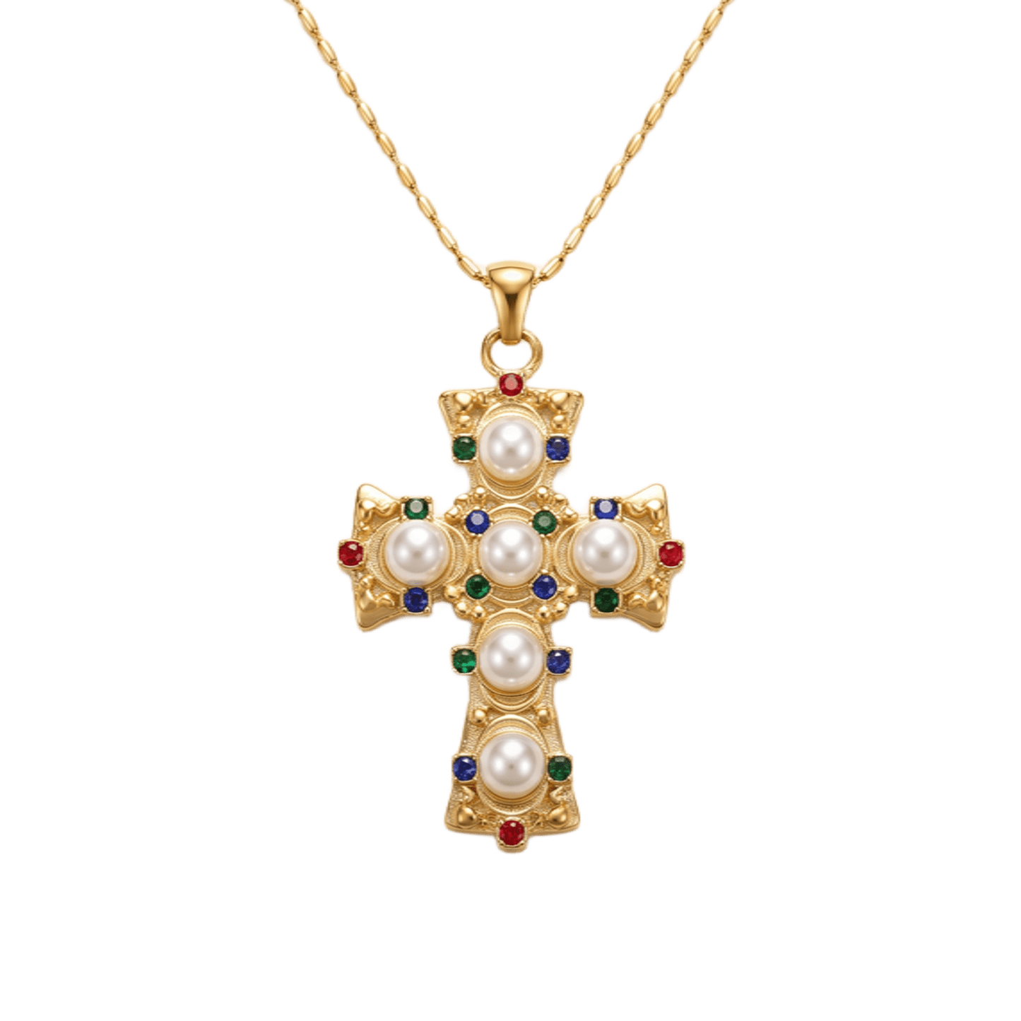colgante cruz con perlas y circonitas de colores de Bendita Eva