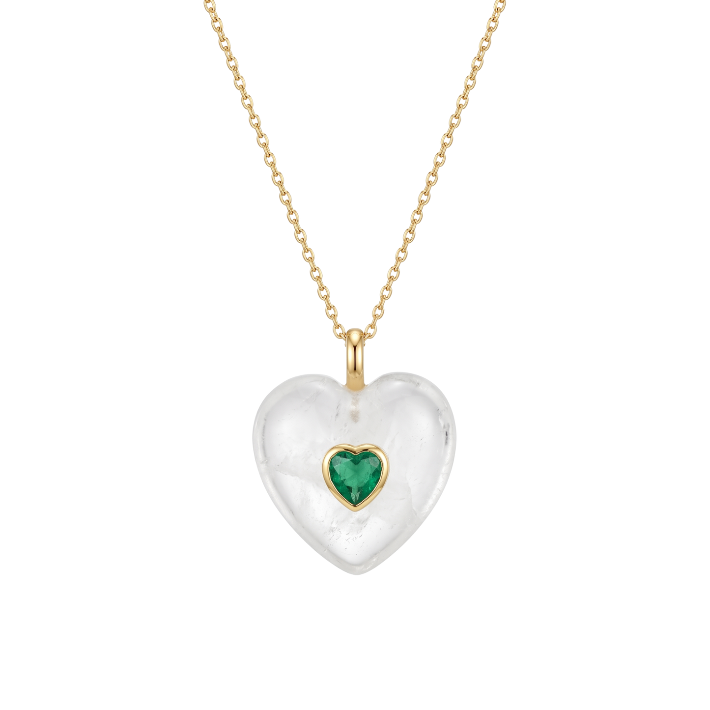 Colgante de corazón cuarzo blanco con circonita de corazón esmeralda - Bendita Eva