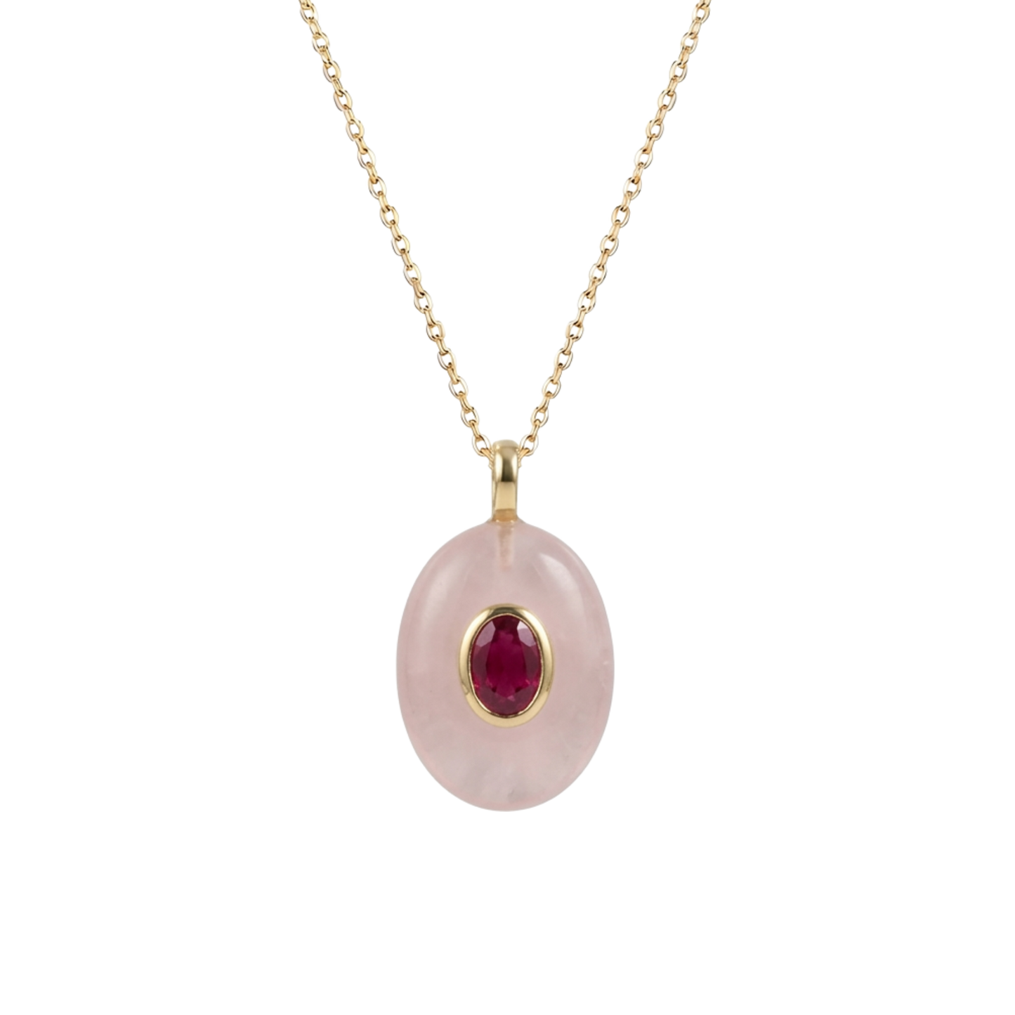 Descubre el Colgante Óvalo de Cuarzo Rosa de Bendita Eva con circonita color rubí. Elaborado en piedra natural y acero inoxidable 316L bañado en oro de 18K. Waterproof e inspirado en el amor, la armonía y los vínculos que dan sentido a la vida.