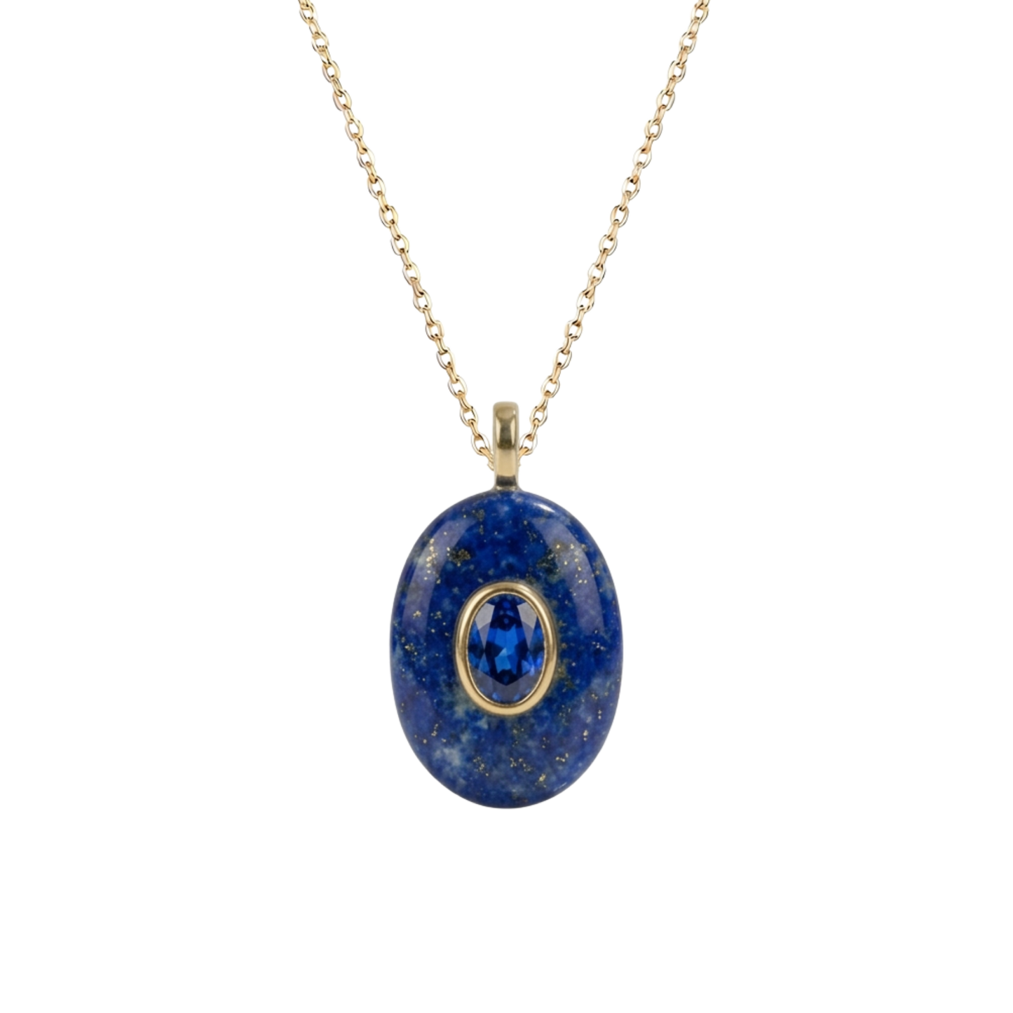 Colgante Óvalo de Lapislázuli con circonita central en acero inoxidable 316L bañado en oro de 18K de la colección Amuletos de Bendita Eva.