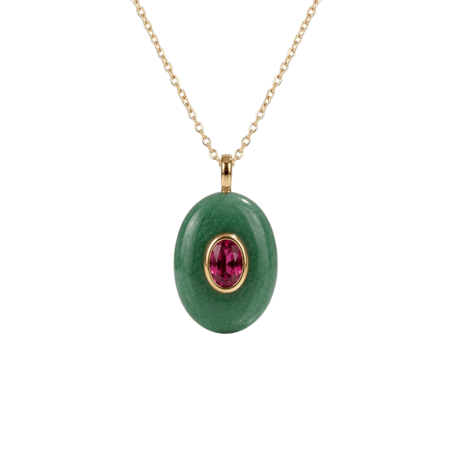 Descubre el Colgante Óvalo de Aventurina Verde de Bendita Eva. Elaborado con piedra natural, circonita central, acero inoxidable 316L bañado en oro de 18K y acabado waterproof. Un amuleto inspirado en el crecimiento, la prosperidad y las nuevas oportunidades - Bedita Eva 