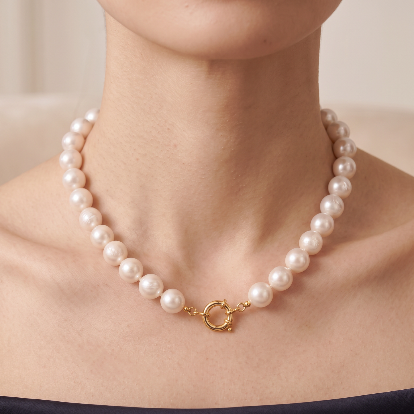 collar de perlas naturales Charlotte de Bendita Eva es una joya exclusiva, diseñada con perlas redondas de 13-14 mm de calidad AAA,