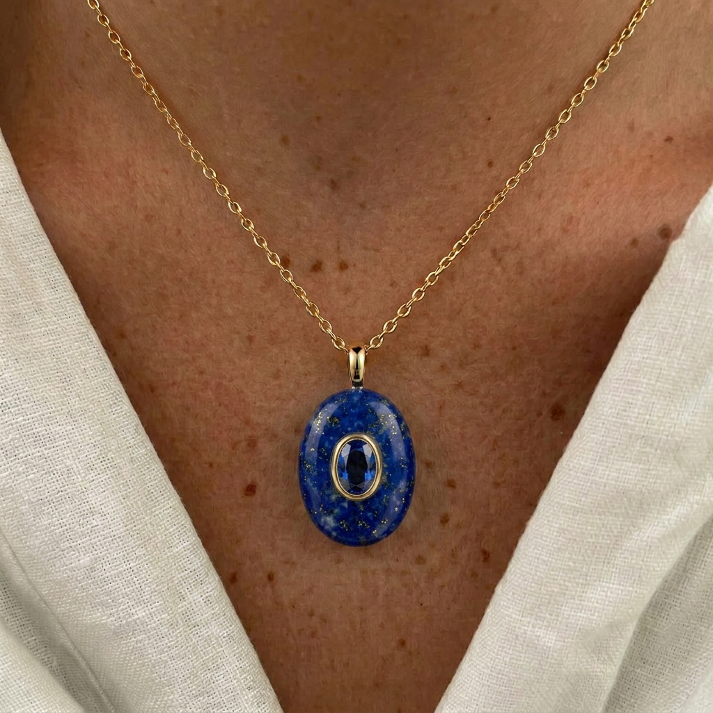 Colgante Óvalo de Lapislázuli con circonita central en acero inoxidable 316L bañado en oro de 18K de la colección Amuletos de Bendita Eva.
